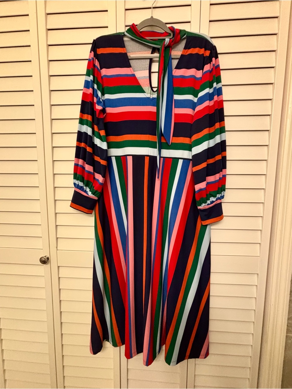 Eloquii Navy Multi-Stripe Midi Dress with Neck Tie